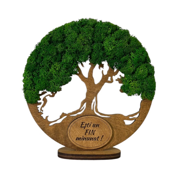 Decoratiune Copacul Vietii cu Suport si Licheni Stabilizati pentru Fin, Lemn de Mesteacan, Culoare Stejar, 18 cm