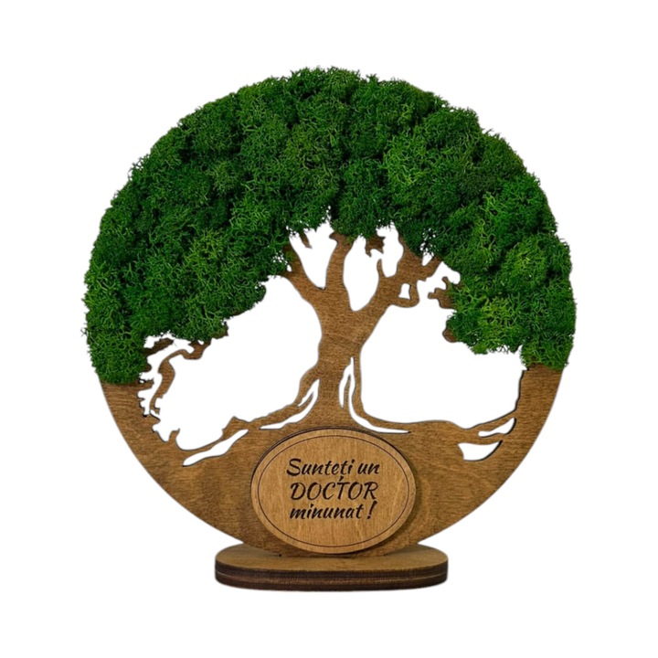 Decoratiune Copacul Vietii cu Suport si Licheni Stabilizati pentru Doctor, Lemn de Mesteacan, Culoare Stejar, 18 cm