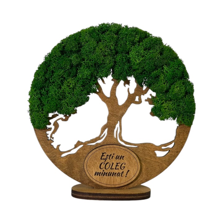 Decoratiune Copacul Vietii cu Suport si Licheni Stabilizati pentru Coleg, Lemn de Mesteacan, Culoare Stejar, 18 cm