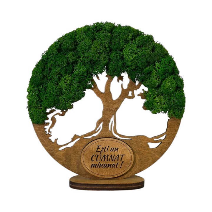 Decoratiune Copacul Vietii cu Suport si Licheni Stabilizati pentru Cumnat, Lemn de Mesteacan, Culoare Stejar, 18 cm