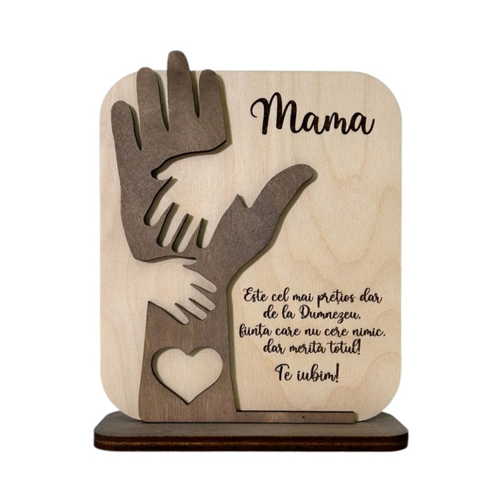 Placuta Gravata cu Mesaj pentru Mama, 2 Maini, Lemn de Mesteacan, Culoare Natur si Nuc, 21 CM