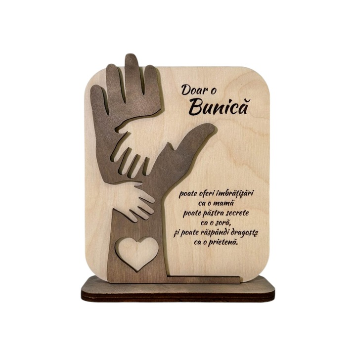 Placuta Gravata cu Mesaj pentru Bunica, 2 Maini, Lemn de Mesteacan, Culoare Natur si Nuc, 21 CM