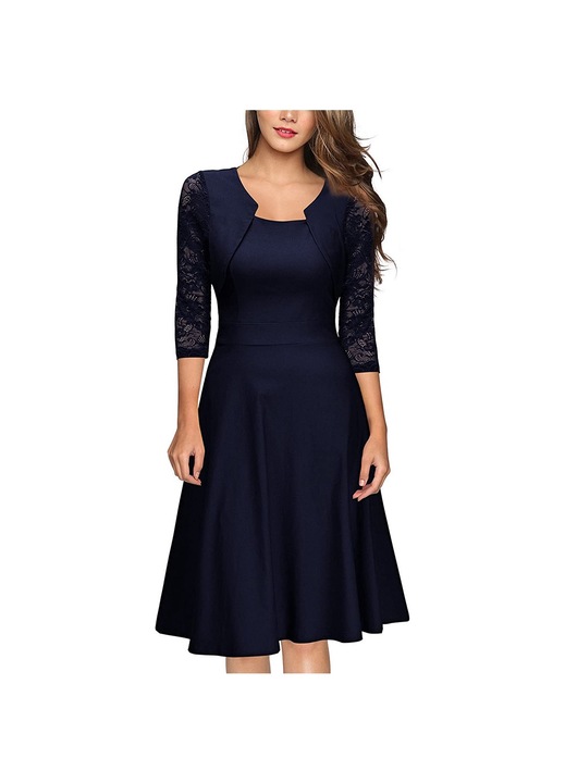 Koktélruha, Jormftte, vintage, virágos csipke, tengerészkék, 2/3-os ujjú