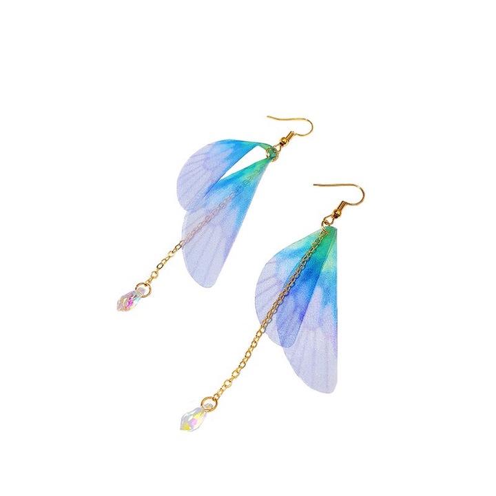 Cercei dama, cercei cu perle, aripi de fluture, albastru, 8.9cm