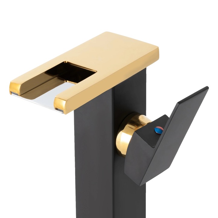 LED szaniter csaptelep, modern design vízesés hatású, hőmérséklet jelző színváltással, fekete arannyal, G3/8