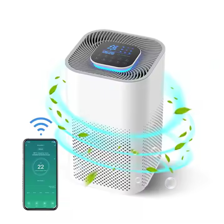 Преносим пречиствател на въздуха, Wi-Fi, UV-C лампа, истински HEPA филтър и активен въглен, йонизираща функция, премахва частици PM 2,5, 99,97% филтрация. Контрол на приложението, поддръжка на Alexa/Google, компактен дизайн