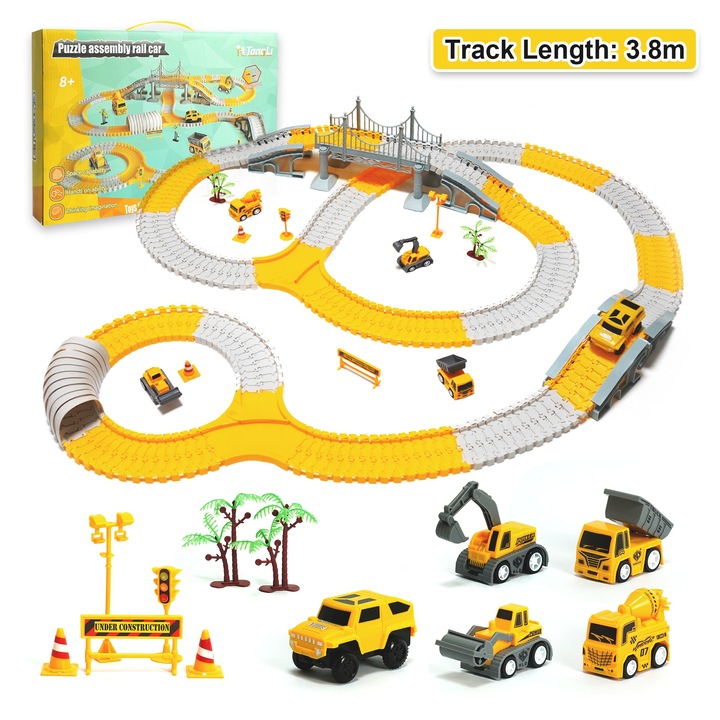 Set de jucarii tren, Serie de vehicule de constructie, 5 Vehicule, Lungime 3.8 m, 334 Piese
