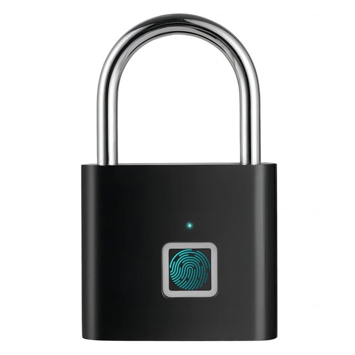 Lacat cu amprenta digitala NEXTLY, pentru interior/exterior, pana la 20 de amprente stocate, deblocare rapida 0.2s, incarcare cablus USB Tip C, waterproof, aliaj de zinc si otel, anti-spargere/anti-taiere/anti-crapare, negru