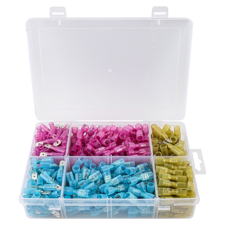 Set 400 Conectori Papuci electrici termocontractabili, Terminale izolate mama si tata, JZRO, AWG 22-10, Impermeabili, Conectori de cablu, Multicolor