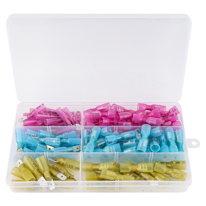 Set 100 Conectori Papuci electrici termocontractabili, JZRO, Terminale izolate mama si tata, AWG 22-10, Impermeabili, Conectori de cablu, Multicolor