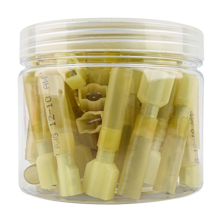 50 Conectori Papuci electrici termocontractabili, Galben, JZRO,12-10 AWG, Maner lung conectori sertizare, Terminale izolate mama si tata