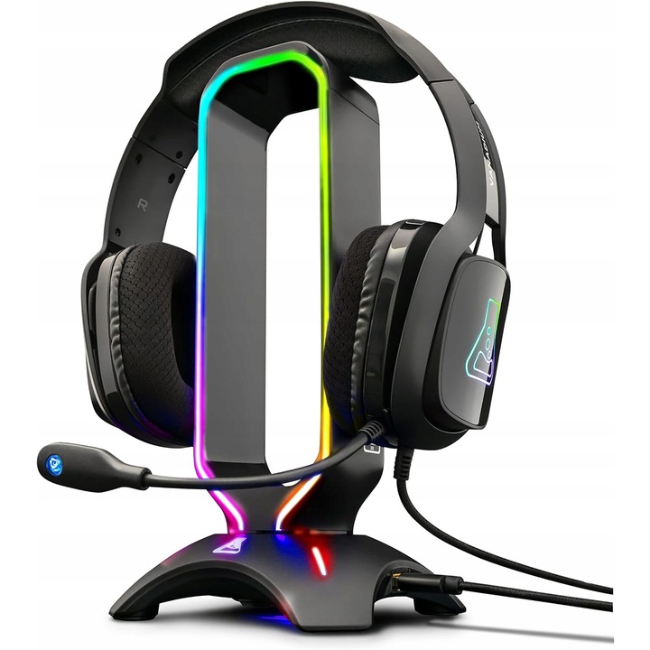 Suport casti cu iluminare RGB LED, Luka, 7 culori, 2 porturi USB, baza antiderapanta