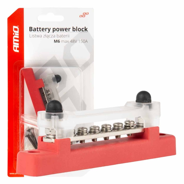 Elosztóblokk M6 gyűjtősínnel 12V - 48V 150A, 6 csavarral, réz, autóalkatrészek