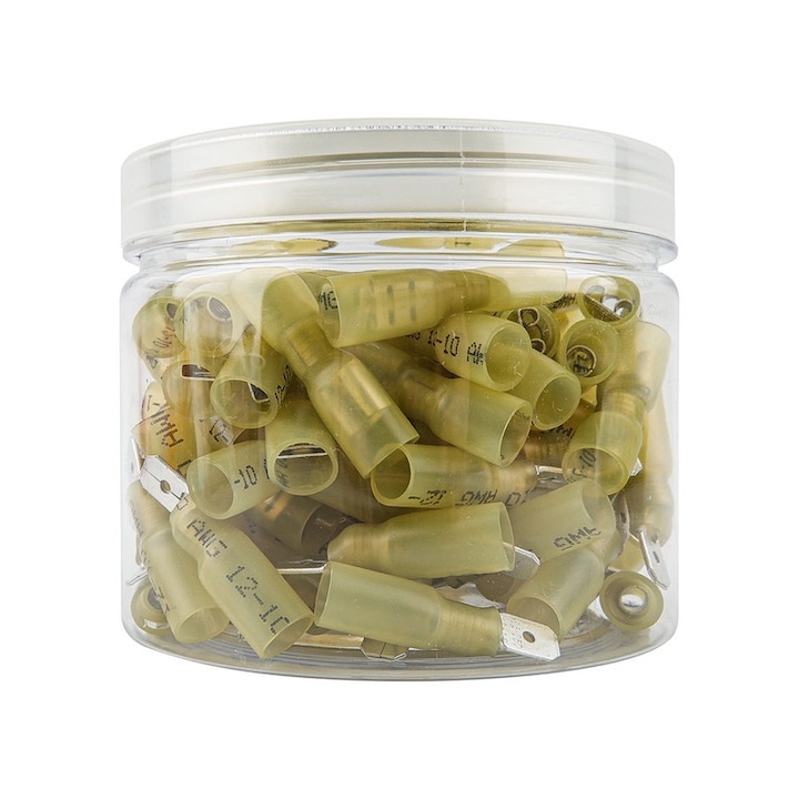 100 Conectori Papuci electrici termocontractabili, galben, conectori sertizare, Terminale izolate mama si tata, JZRO, AWG 12-10, Impermeabili