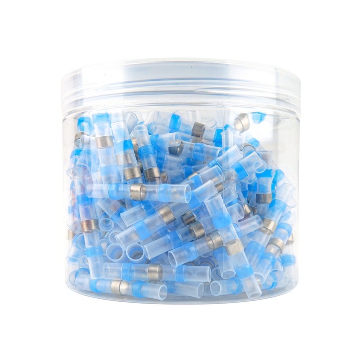 200 Conectori termocontractibili, cu inel de cositor, Albastru, Terminale izolate, JZRO, IP67, AWG 16-14, Rezistent la praf si umiditate si rezistent la apa, pentru proiecte auto, marine