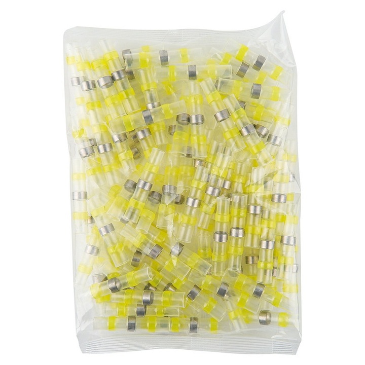 Set 100 Conectori termocontractibili, Terminale izolate cu inel de cositor, JZRO, Galben, IP67, AWG 12-10, Rezistent la praf si umiditate si rezistent la apa, pentru proiecte auto, marine