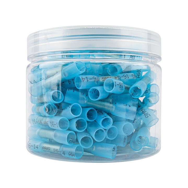 100 conectori termoretractabili, cu Adeziv Impermeabil, JZRO, albastru,16-14 AWG, pentru barci, camioane si stereouri,1.5-2.5mm²