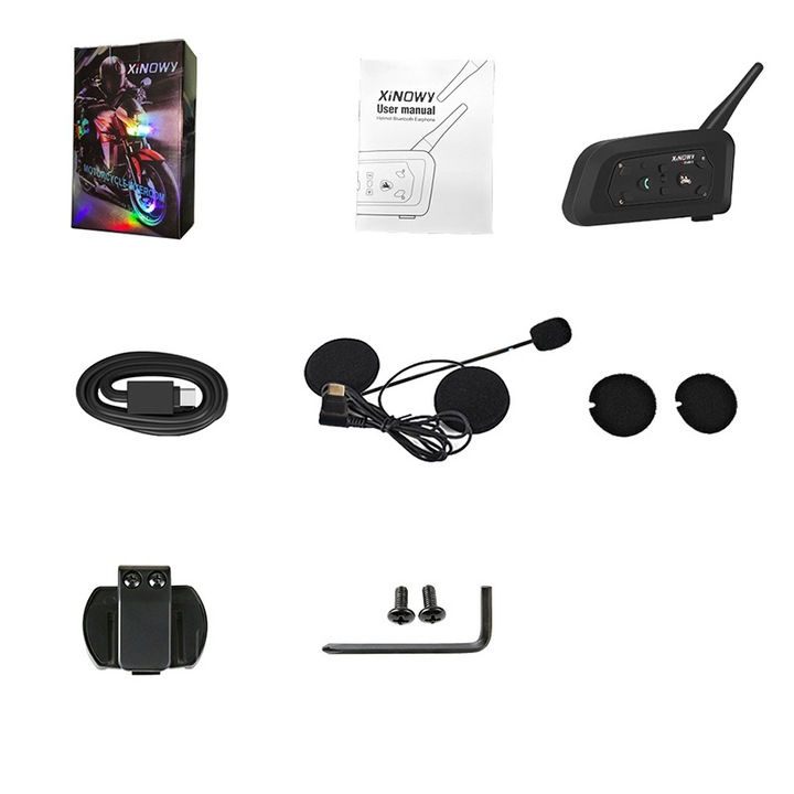 Sistem de comunicare Bluetooth pentru casca moto Rqiurpn V6 Pro, 1200m, 2 casti, negru glossy