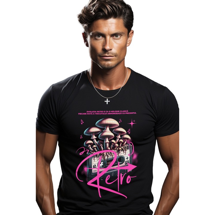 Tricou Barbati Evolutia Retro caseta audio ciuperci vintige cu imprimeu pe Fata, 100% Bumbac, Negru, L
