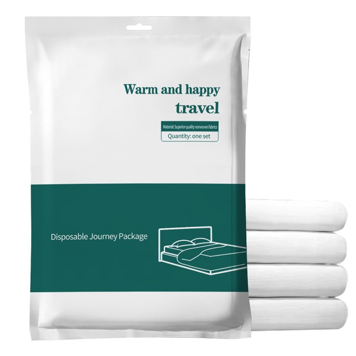 Set de lenjerie de pat de unica folosinta pentru calatorii, 4 piese, 86x94inch, material non-woven, alb