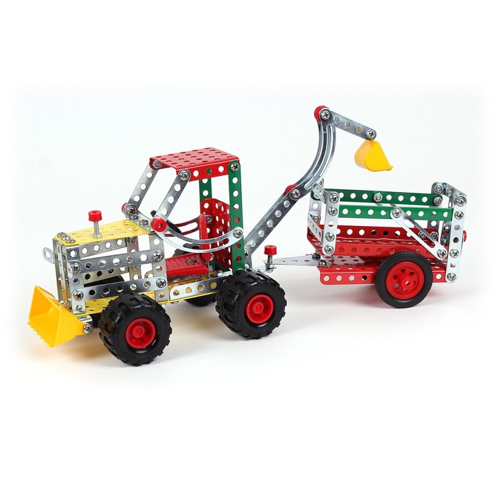 Set de constructie metalic Tractor cu remorca, TechnoK, 265 elemente, 19x18.7x3.5cm