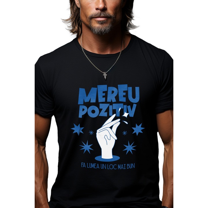 Tricou Barbati Mesaj In Limba Romana Motivational Text Mereu Pozitiv cu imprimeu pe Fata, 100% Bumbac, Negru, XL