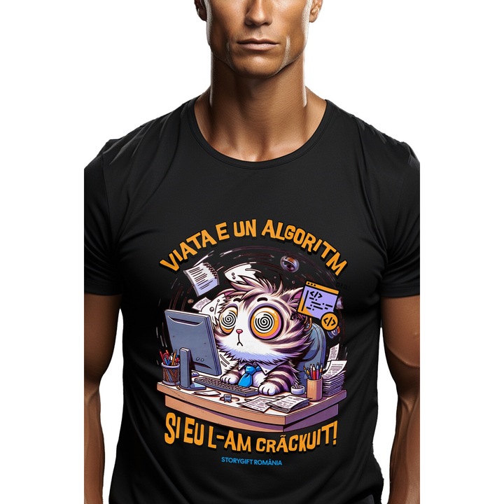 Tricou Barbati Pisica La Calculator Viata e un algoritm, si eu l-am crackuit! cu imprimeu pe Fata, 100% Bumbac, Negru, XL