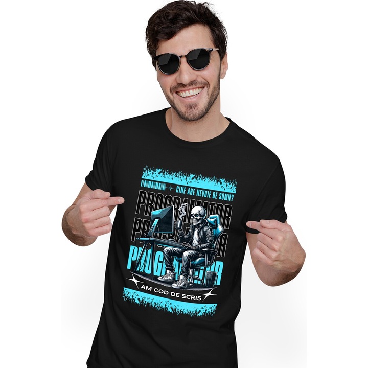 Tricou Barbati Schelete cu Cana De Cafea La birou Cine are nevoie de somn Eu am cod de scris cu imprimeu pe Fata, 100% Bumbac, Negru, XS