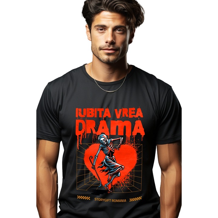 Мъжка тениска Dead Skeletons с текст на Scythe My Girlfriend Wants Dramas Print on Face, 100% памук, черен, S