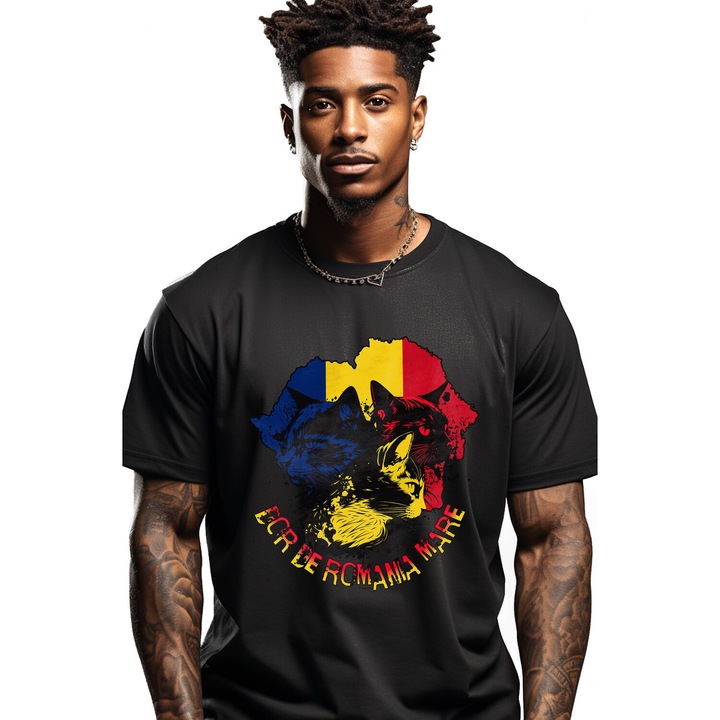 Tricou Barbati Trei pisici steag Romania, dor de casa cu imprimeu pe Fata, 100% Bumbac, Negru, S