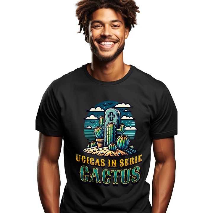 Tricou Barbati ucigas in serie cactus, planta periculoasa, iubitorii de natura cu imprimeu pe Fata, 100% Bumbac, Negru, XS