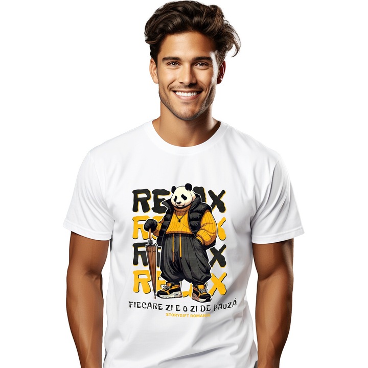 Мъжка тениска panda bear relaxed всеки ден е почивен, празничен забавен с щампа на лицето, 100% памук, бяла, M