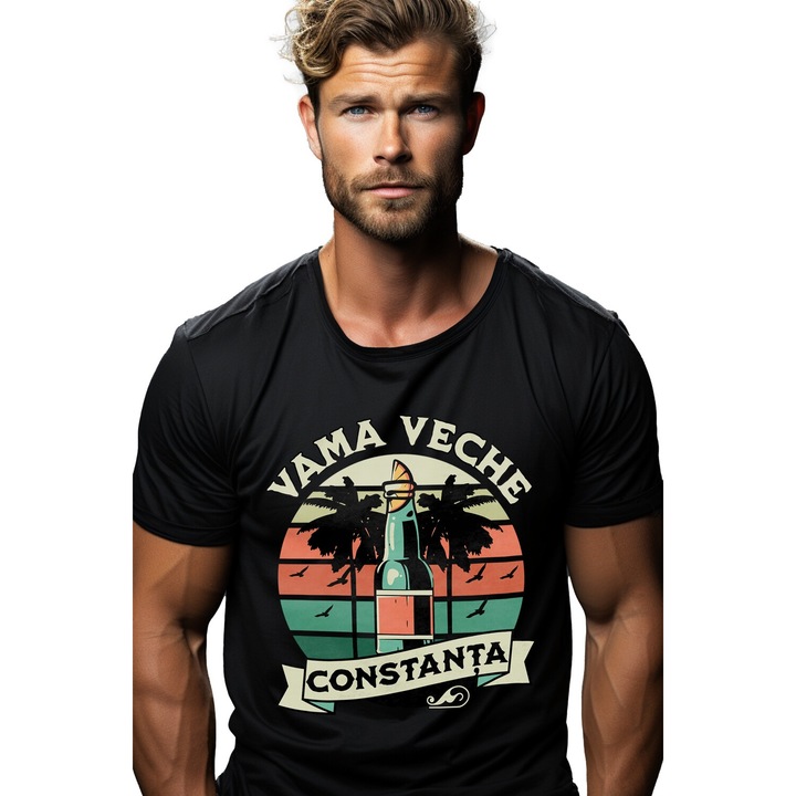 Tricou Barbati Vama Veche, Constanta sticla distractie mare cu imprimeu pe Fata, 100% Bumbac, Negru, L