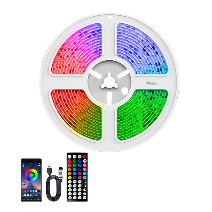 LED лента VIELLAN 3 метра, 18 LED/m 5050 RGB, Bluetooth, дистанционно управление, музикален режим, таймер, IP20, Многоцветна светлина