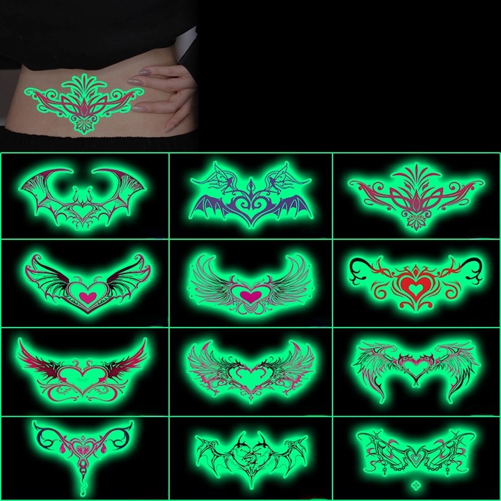 Set de 12 autocolante tip, pornografic, fluorescenta, Non-toxice si sigure, motiv inger, aripi, 170x100mm, Multicolor