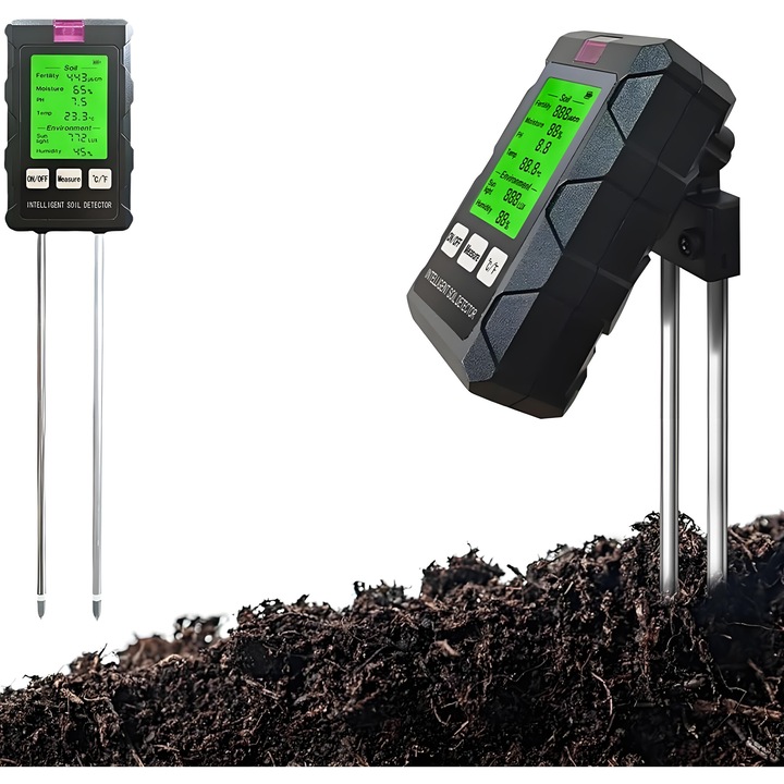 Tester de sol 6 in 1 Excitat® cu masurarea umiditatii, fertilitatii, temperaturii si pH-ului solului, afisaj LCD, pentru gradinarit si plante in ghiveci
