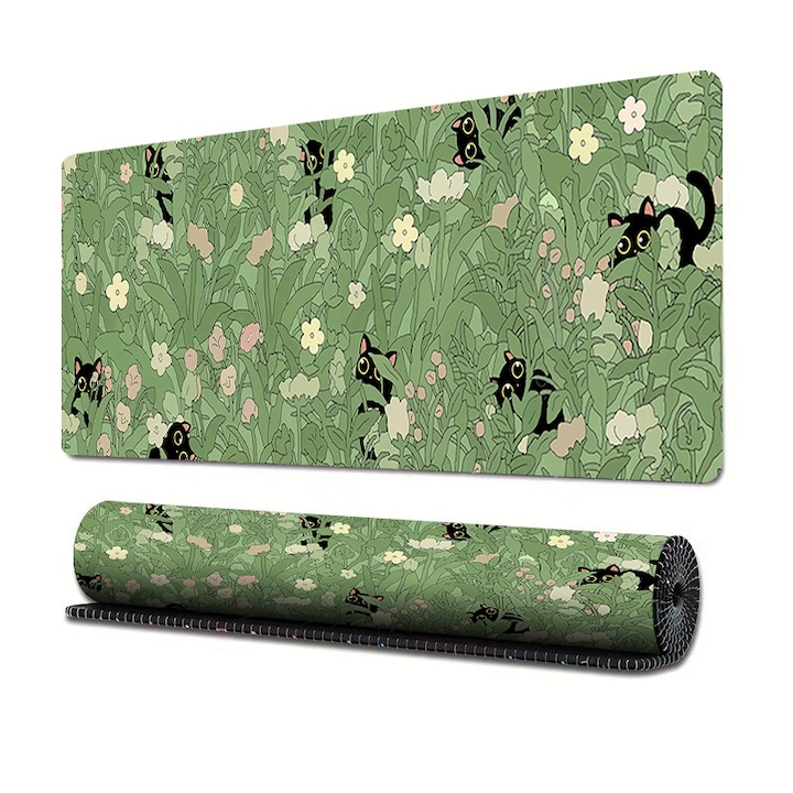 Mousepad Mare Cauciucat, Pentru Gaming, Birou, 90 x 40cm, Office, Antiderapant, Cusaturi Anti-Rupere, Model de pisica si iarba, Multicolor