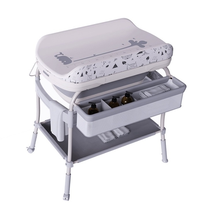 Set de baie 2 in 1 pentru copii Little Mom Grey cu masuta de infasat, salteluta cu masuratoare integrata, cadita cu termometru digital incorporat, dimensiune 54 x 83 x 93 cm