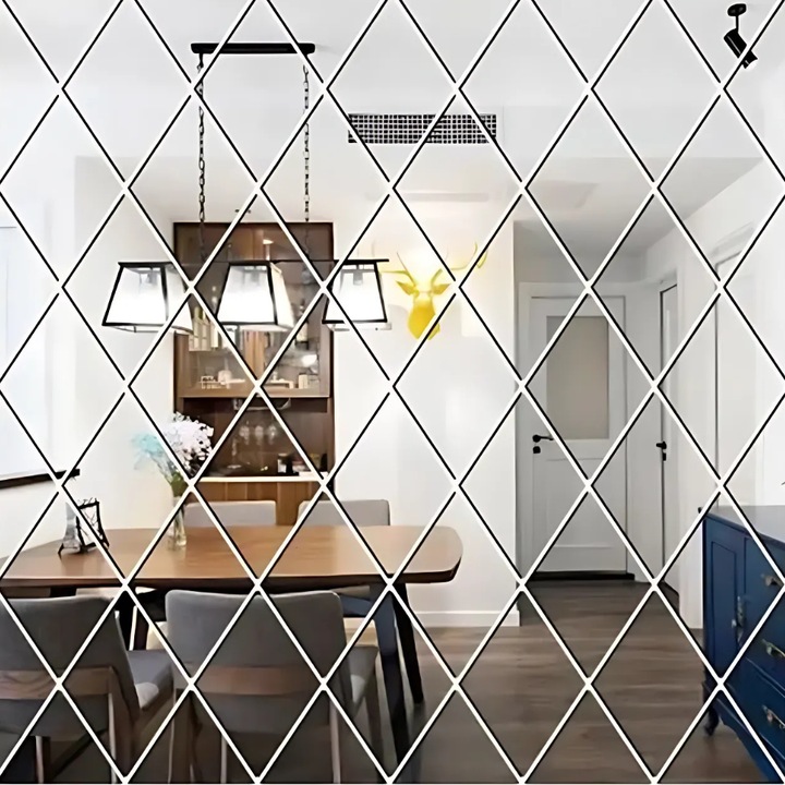 Set 32 oglinzi acrilice, autocolante, diamant romb, 14.2x23.6x15.5 cm, design decorativ, elegant, rafinat, potrivite pentru orice camera