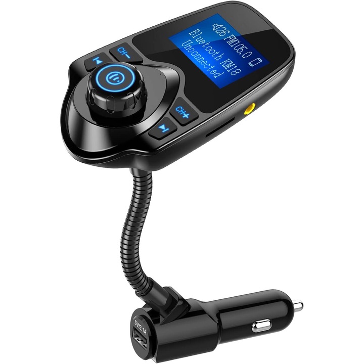 Excitat® FM автомобилен Bluetooth предавател, 1" 44" дисплей, гъвкаво рамо, разговори със свободни ръце, стерео музикален плейър, адаптер за радио за кола, USB зарядно за телефон, TF карта, SD AUX-KM18