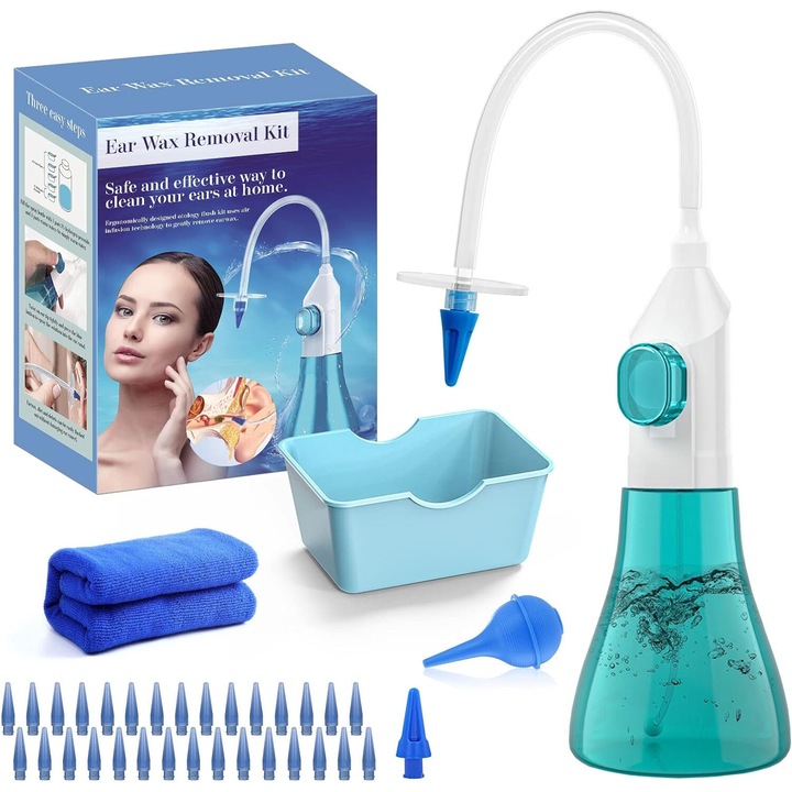 Kit de spalare Excitat®, curatare a urechii sigur si eficient pentru adulti, instrument de indepartare a cerii din urechi, sistem de irigare manuala