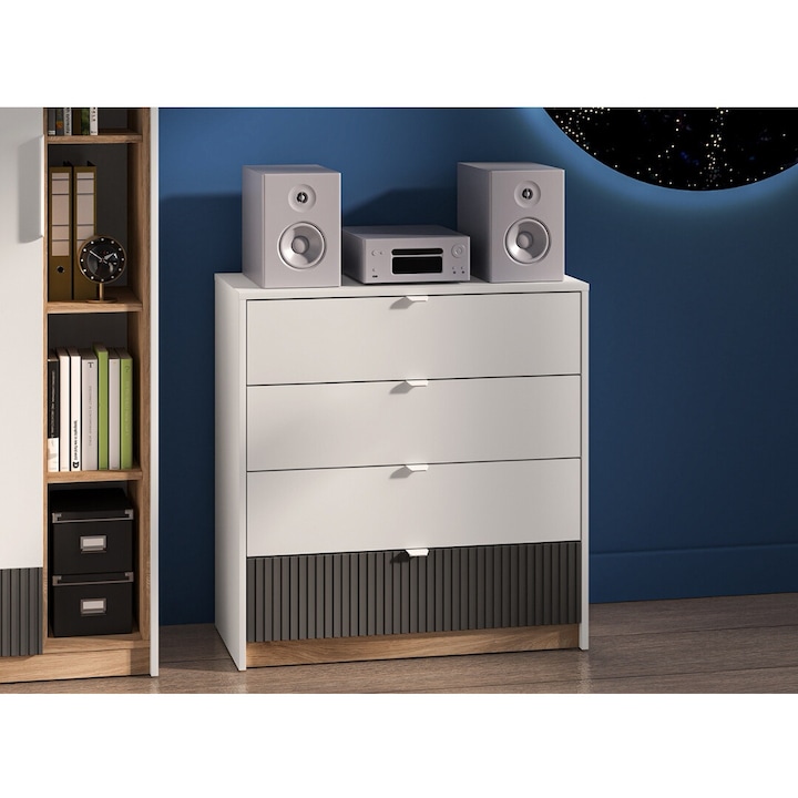 Comoda living /dormitor/hol cu 4 sertare, alb/mdf grafit/stejar, 82x86x40 cm, canturi abs, design modern