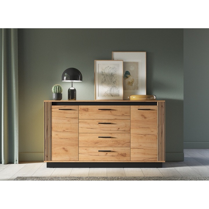Comoda cu 4 sertare si 2 usi, stejar artisan/ insertie negru, 160x90x40 cm, modern, model riflaj pe margini, picioare negre, pentru living, dormitor, hol, design modern