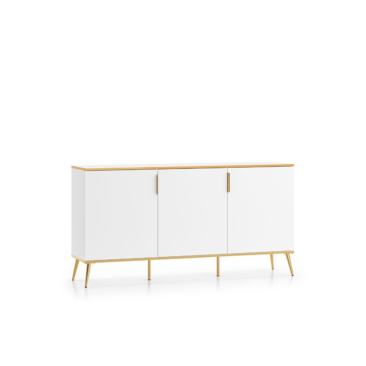 Comoda cu 3 usi moderna/lux, pal alb alpin /auriu, picioare si manere auriu, 170 cm x 88 x 40 cm, spatioasa, pentru living, dormitor, spatiu comercial, hol, design modern