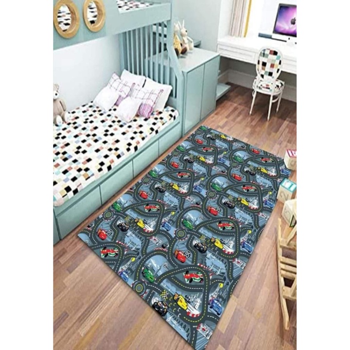 Килим за детска стая, Неплъзгащ се, Състезателна писта, Многоцветен, 120x180см