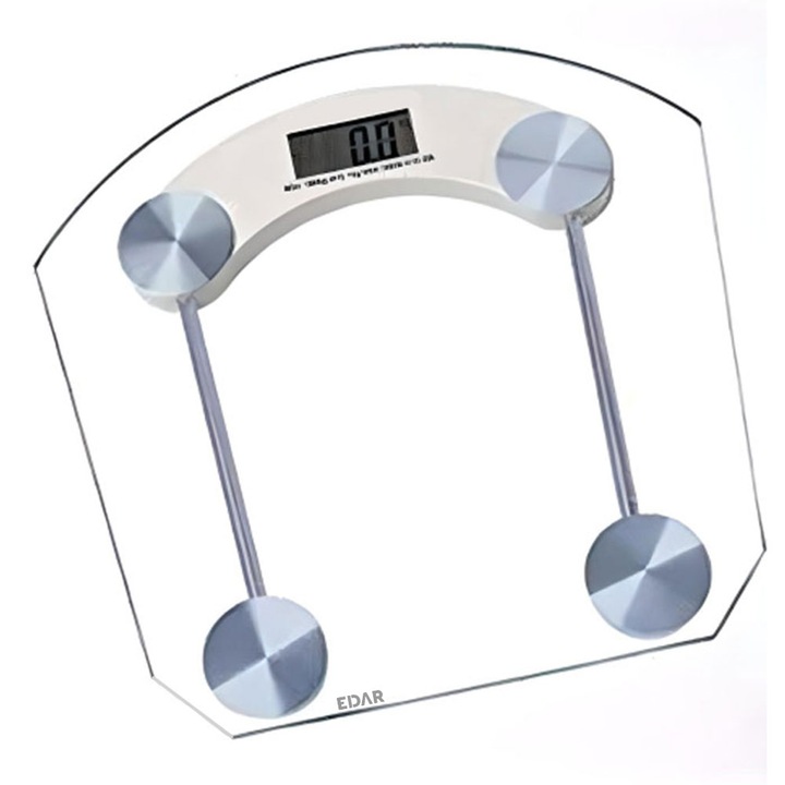 Телесен кантар EDAR, С електронен дисплей и висока точност, За баня, Автоматично спиране, Цифров, Незалепващ, Максимално тегло 180 кг, Стъклена платформа, Кг/фунт, Прозрачен