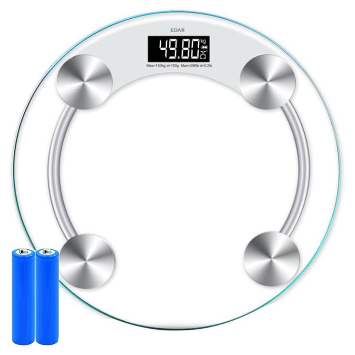 Телесен кантар EDAR, С електронен дисплей и висока точност, За баня, Автоматично спиране, Цифров, Незалепващ, Максимално тегло 180 кг, Стъклена платформа, Кг/фунт, Батерии, Кръгъл, Прозрачен
