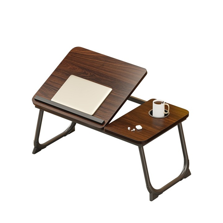 Összecsukható asztal, 5 sebességes emelő, pohártartó, ütközőrúd, zónás, masszív, ergonomikus kialakítás, 55*32*25cm, sötét dió