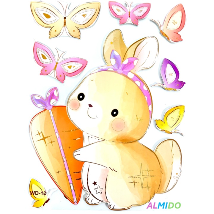 Sticker perete autocolant decorativ 3D, Almido, 40x30cm, Iepuras cu fluturi si morcov, Pastel