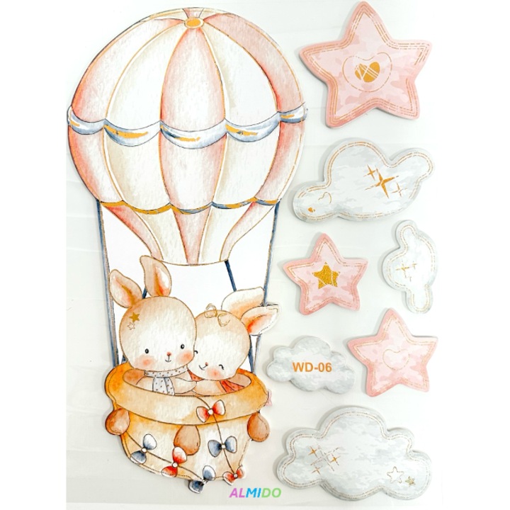 Sticker perete autocolant decorativ 3D, Almido, 40x30cm, Iepurasi in balon cu norisori si stelute, Pastel Roz